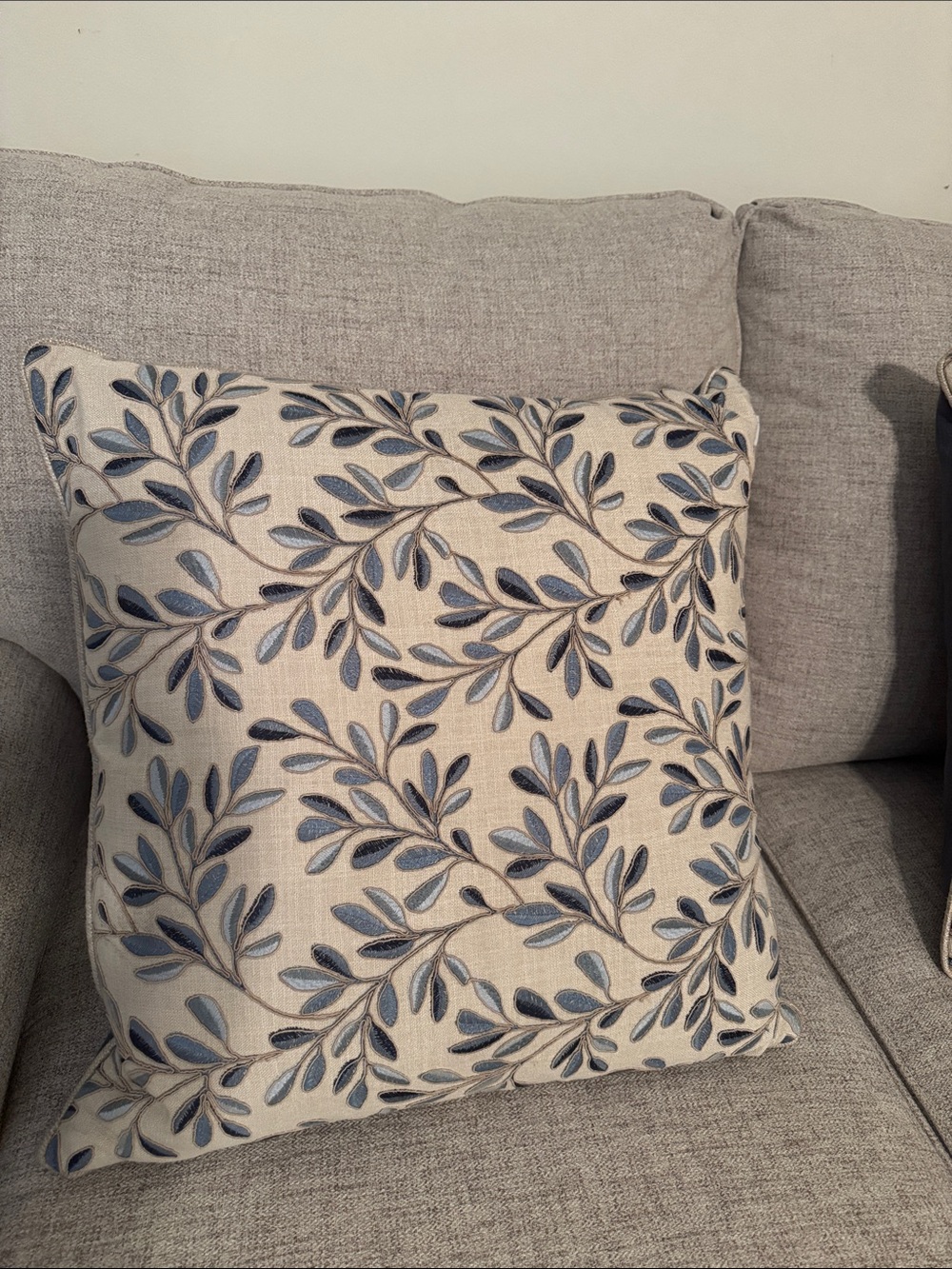 2 Embroidered Leaf Pattern Accent Pillows in Blue and Cream by Gabby